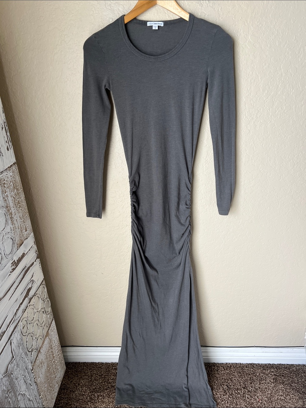 James Perse grey sueded cotton ruched long sleeve maxi dress - Picture 2 of 9
